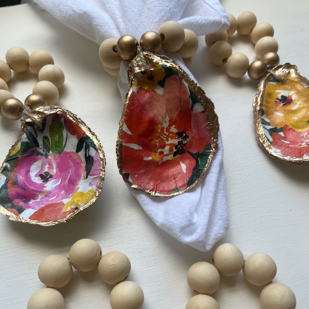 Set of six Decoupaged Oyster Napkin Rings, Floral Print